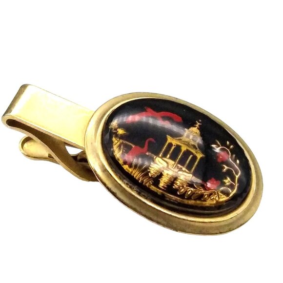 Vintage Reverse Painted Intaglio Asian Cabochon Tie Clip, Gold, Black, Red Crane - Picture 2 of 3